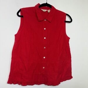 J. Jill Love Linen Peplum Sleeveless Button Up Tunic Shirt Size XL Hibiscus Red